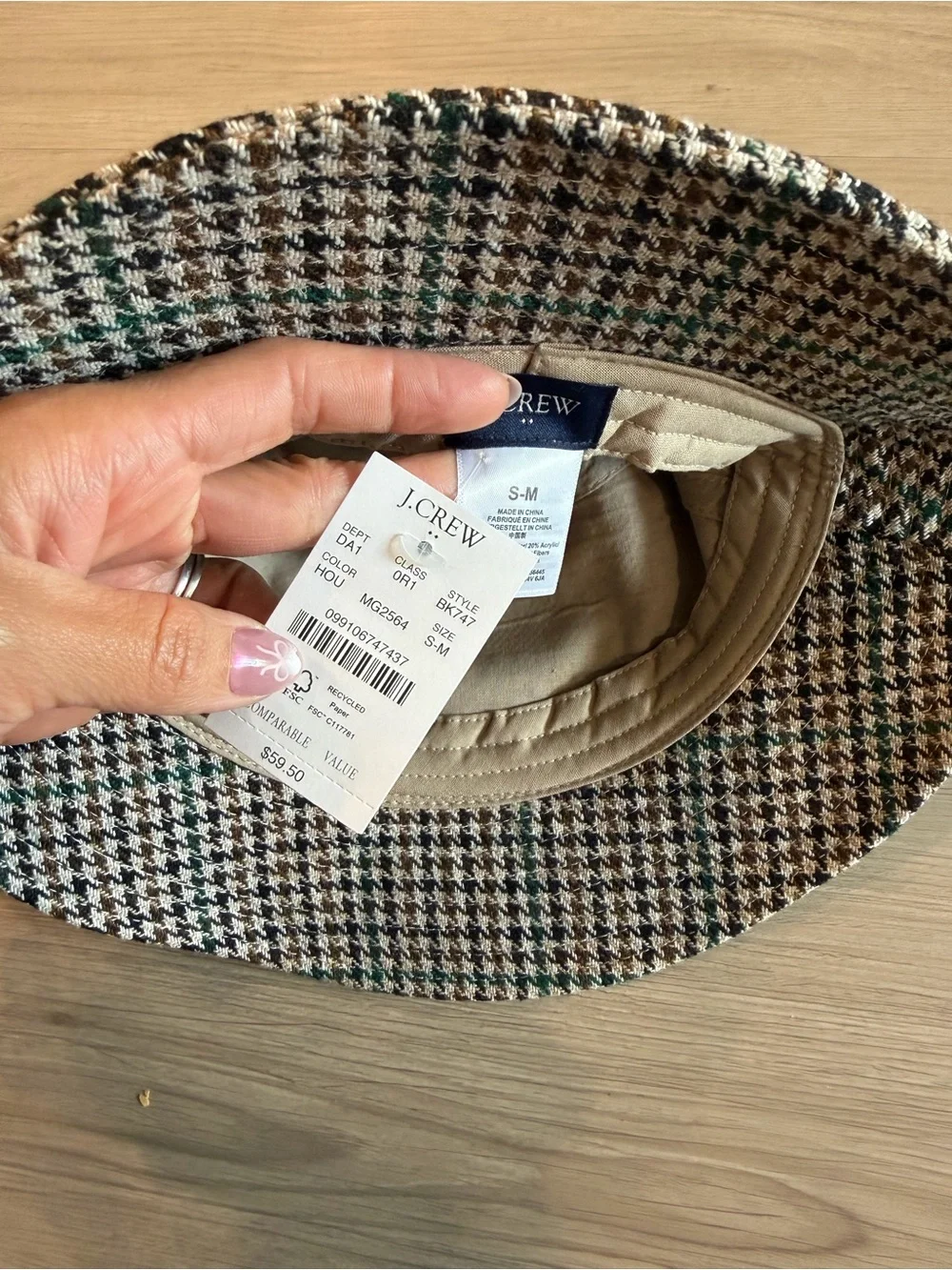 J. Crew Houndstooth Bucket Hat in Black, Cream & Green